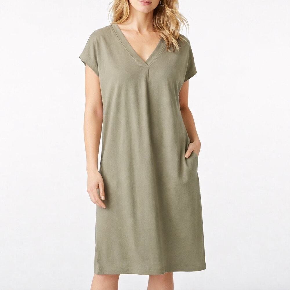 j jill Small Olive Green Cotton Blend Vneck Size Small Pockets Tshirt Dress